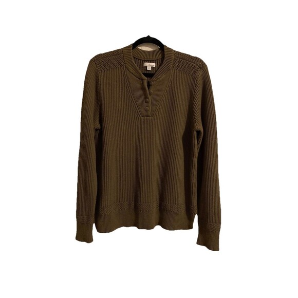 LL Bean Signature Mens Size Medium Fisherman Button Henley Sweater Green Ribbed - Picture 1 of 5